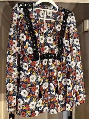 Lauren Conrad Floral Semi Sheer Crochet Tassel Blouse